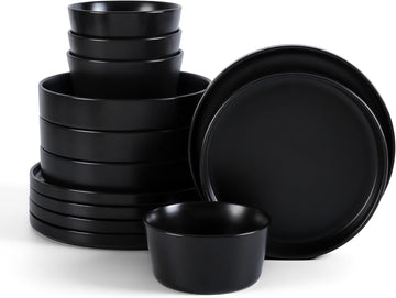 Stone Lain Celina Stoneware 12-Piece Dinnerware Set, 2B, Black, Service For 4, 9-inch Pasta Bowl